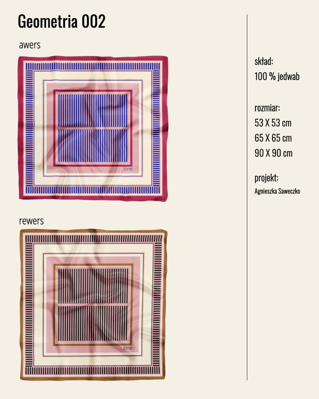 Kolekcja „Geometria” powstała z okazji 5-cio lecia Sine Silk. Projekt czerpie inspiracje z geometrycznej estetyki lat 60tych i 70tych XX wieku oraz z twórczości Sol LeWitta - amerykańskiego artysty i pioniera sztuki konceptualnej, znanego z rytmicznych układów linii oraz modułowej kompozycji.
Kolekcja to 3 wzory - każdy w trzech rozmiarach i każdy o podwójnej kolorystyce. 
•
#sinesilk #sinegirl #silkscarf #jedwabnaapaszka #polskamarkamodowa #ilovesilk (3/5)