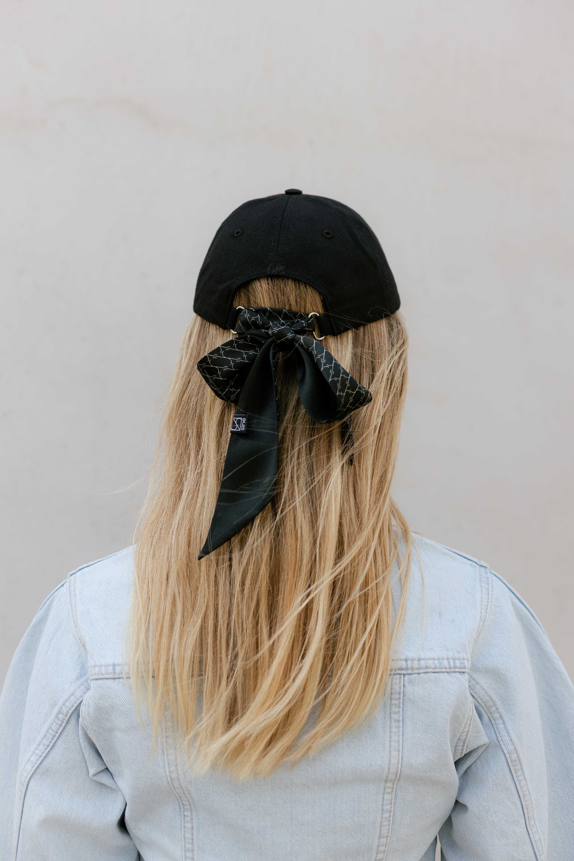 Black baseball cap with optional silk accessory